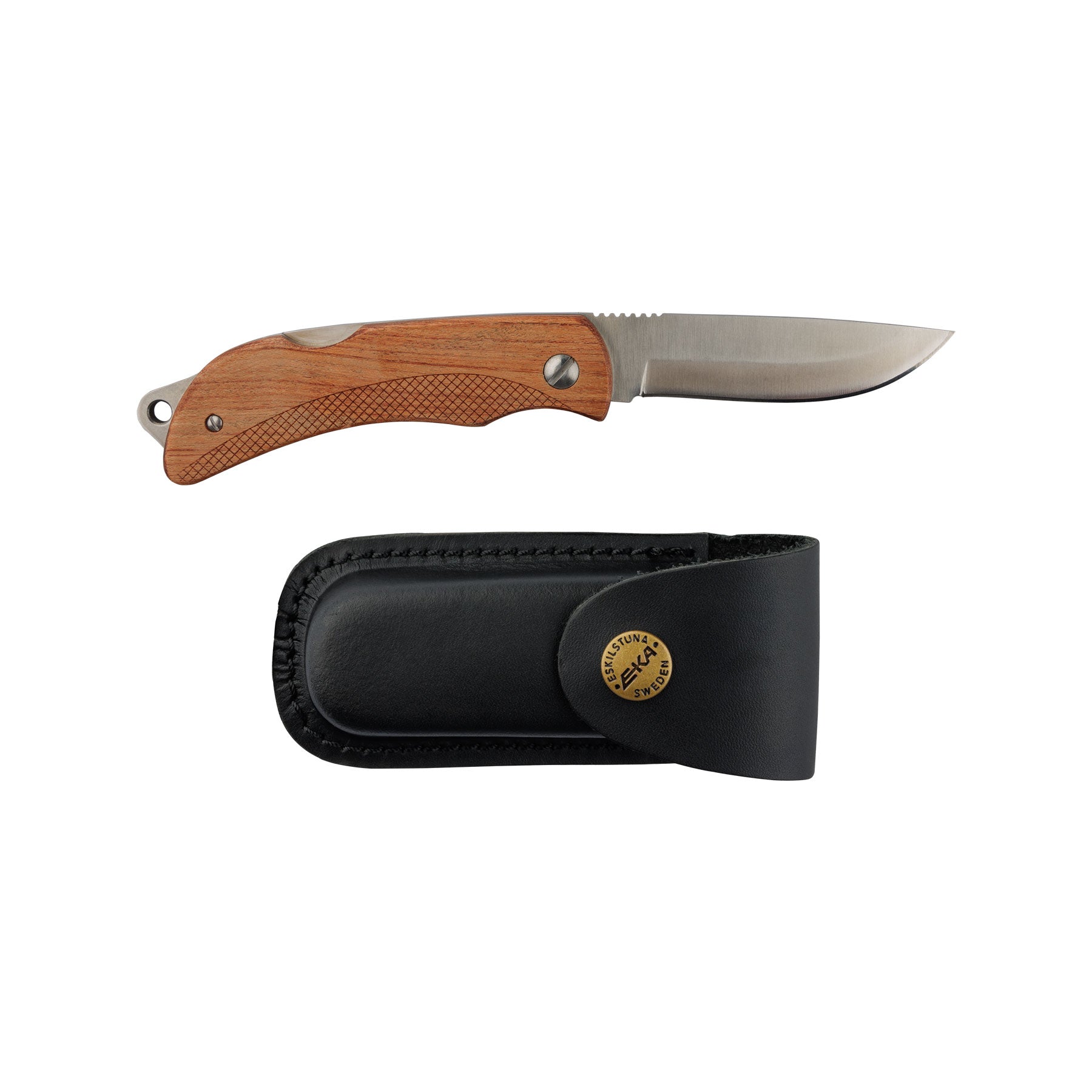 EKA Swede 8 Wood Klappmesser mit robustem Bubingaholz Griff und Lederscheide
