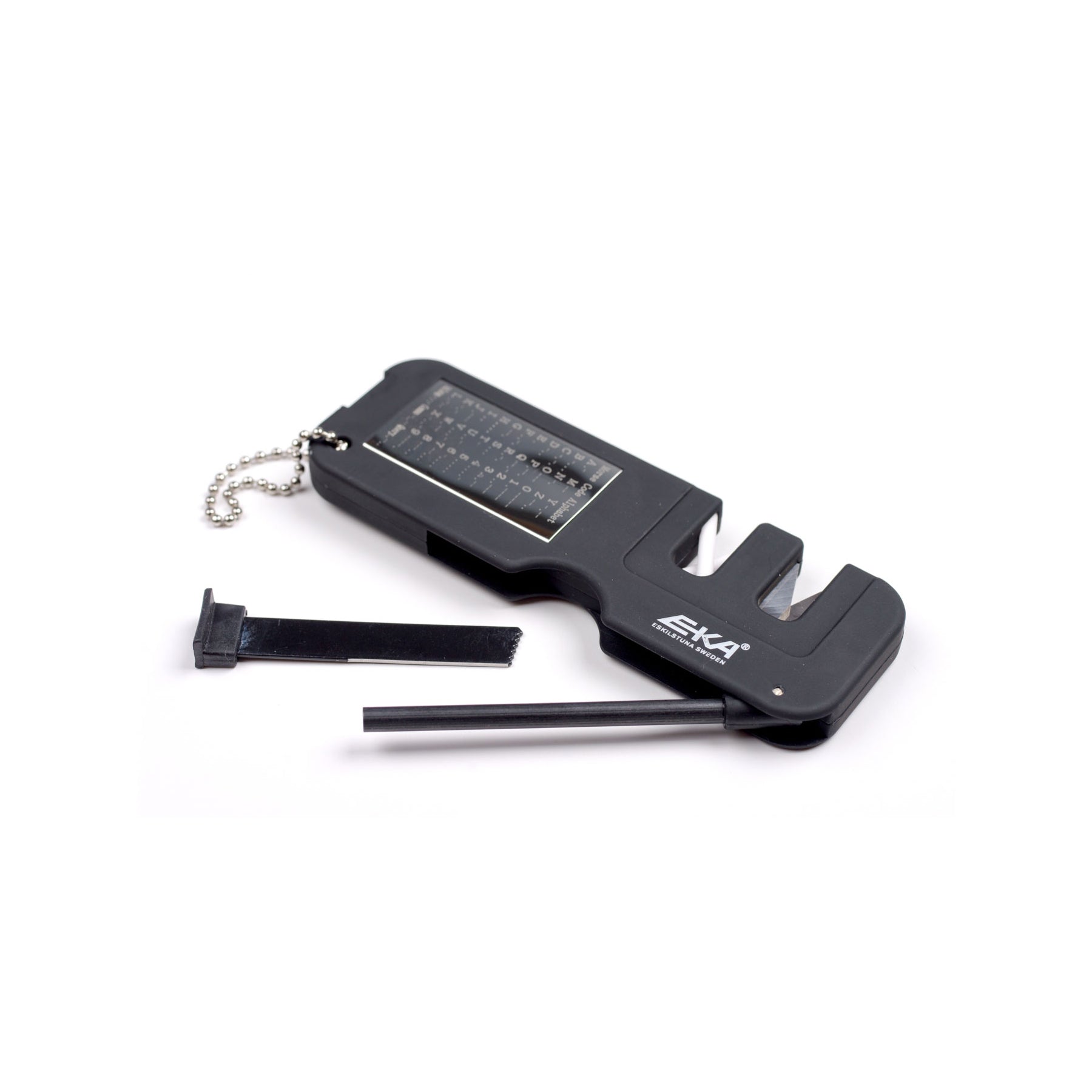 EKA FireSharp Kombi-Messerschärfer mit integriertem Feuerstahl und Morse-Alphabet