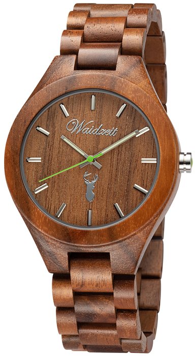 Waidzeit Herrenuhr Gams Platzhirsch: Elegante Walnussholz Uhr, Miyota-Werk, Holzarmband, Butterfly-Verschluss