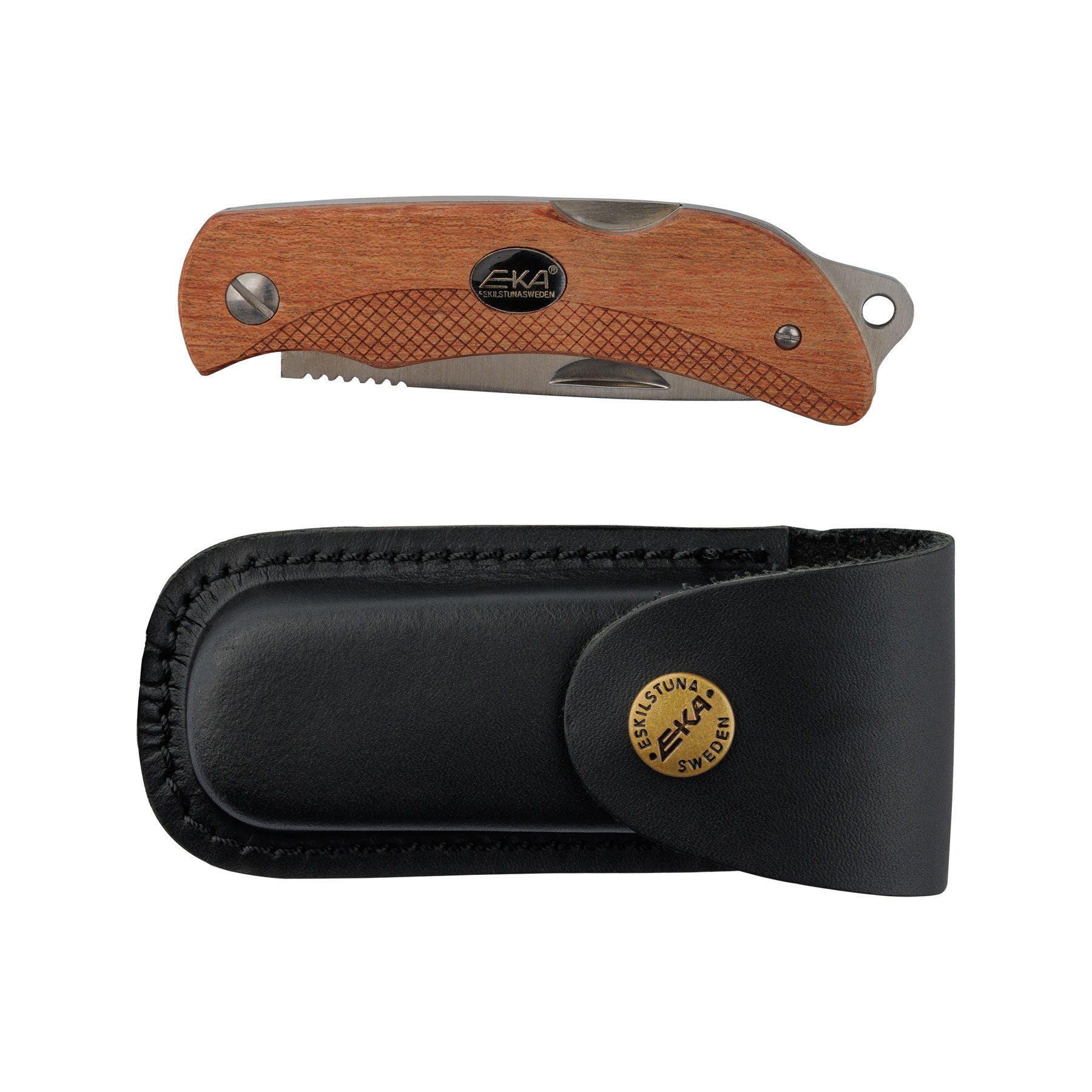 EKA Swede 8 Wood Klappmesser mit robustem Bubingaholz Griff und Lederscheide