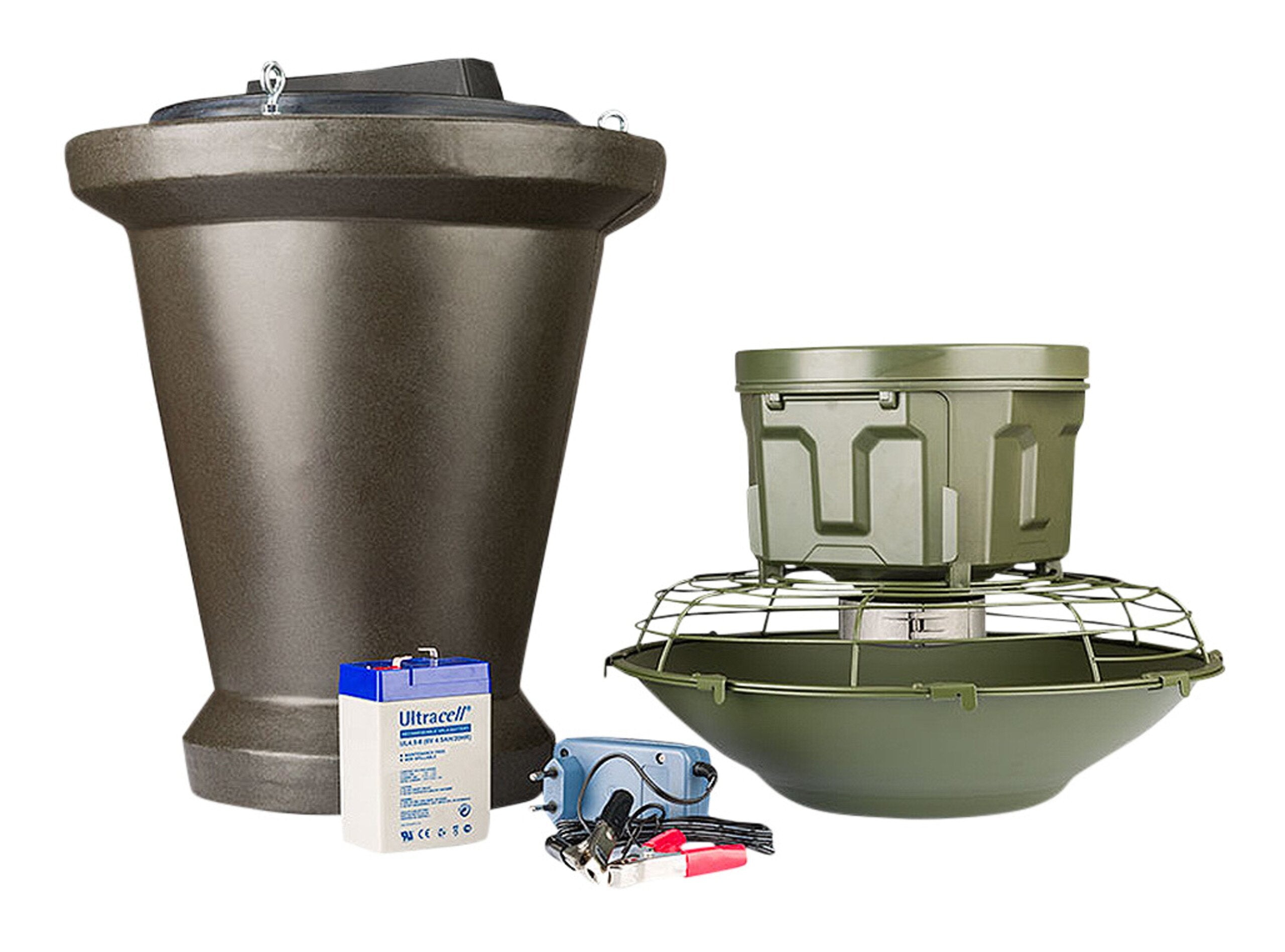 Eurohunt Futterautomat Komplettset V2: Automatische Wildfütterung, 18kg, Akku & Ladegerät