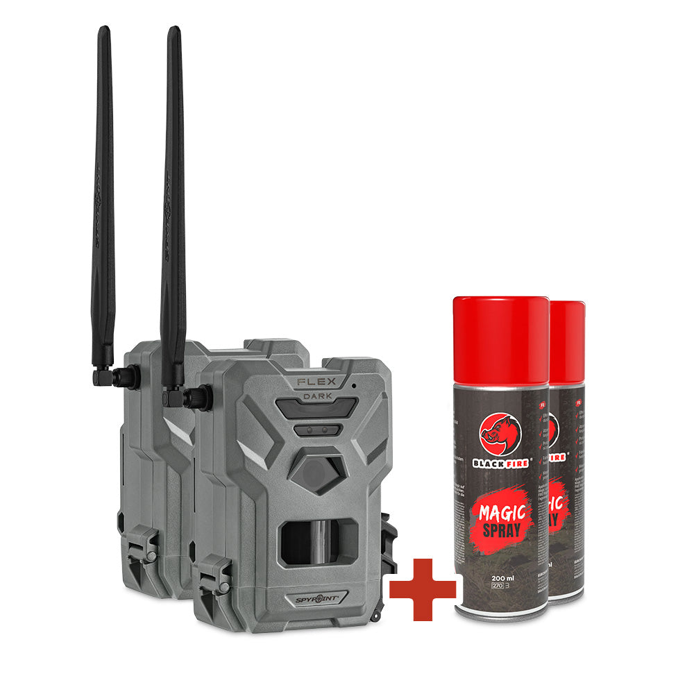 BLACK FLEX-TWIN Set: Zwei SPYPOINT Wildkameras und Magic Spray Lockmittel